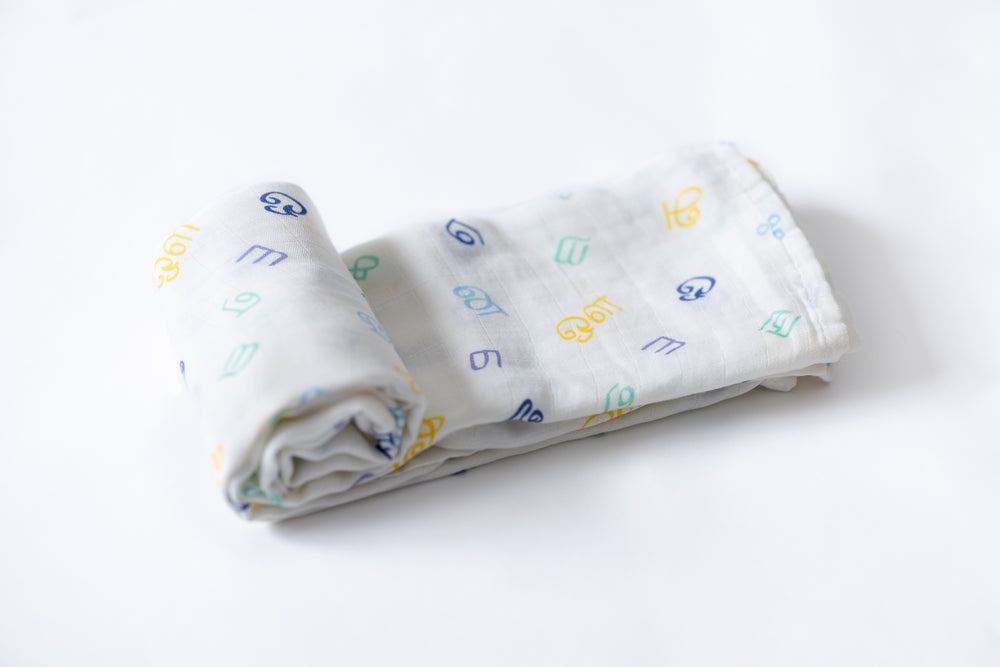 
            
                Load image into Gallery viewer, Tamil (தமிழ்) Alphabet - Bamboo Cotton Muslin Blanket
            
        
